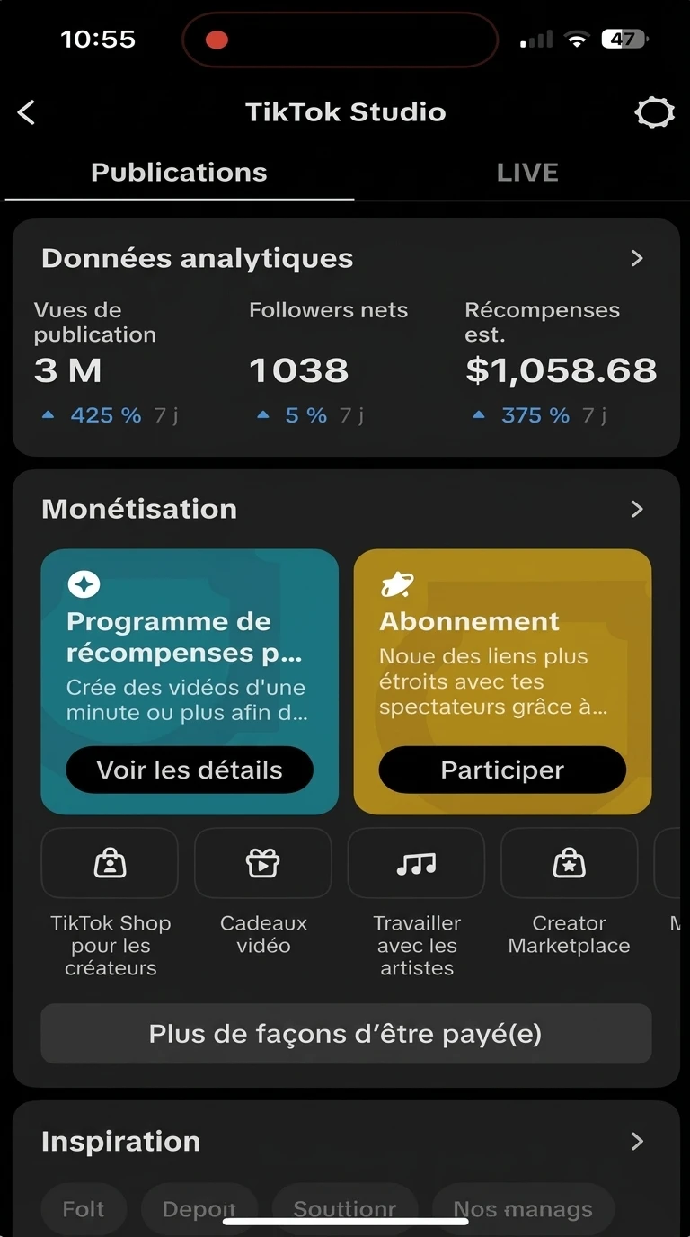 TikTok Studio affichant 3 millions de vues et 1 058,68 dollars de récompenses estimées
