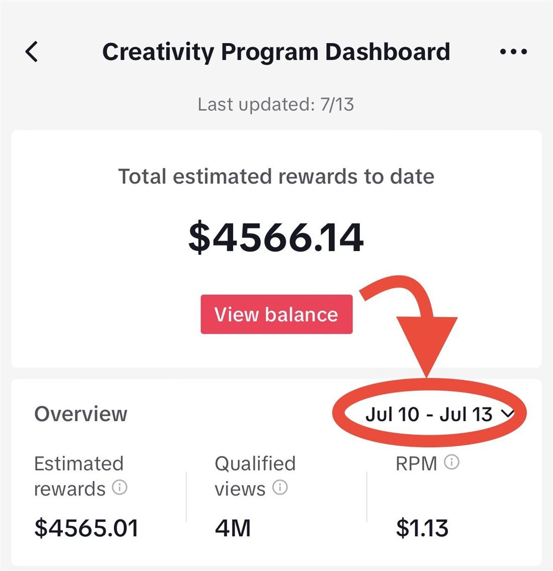 Tableau de bord TikTok affichant 4 566,14 dollars de récompenses estimées au total