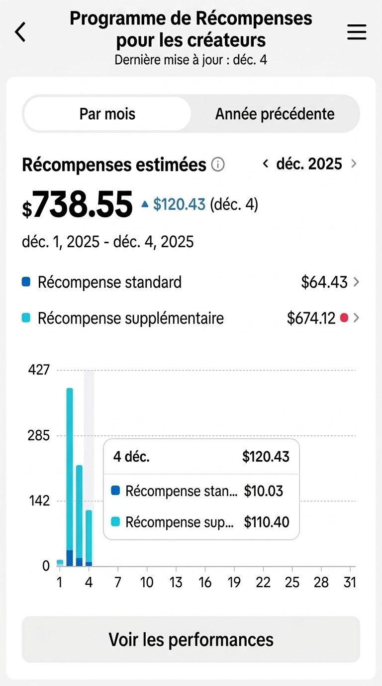 Programme de récompenses TikTok affichant 738,55 dollars début décembre 2025